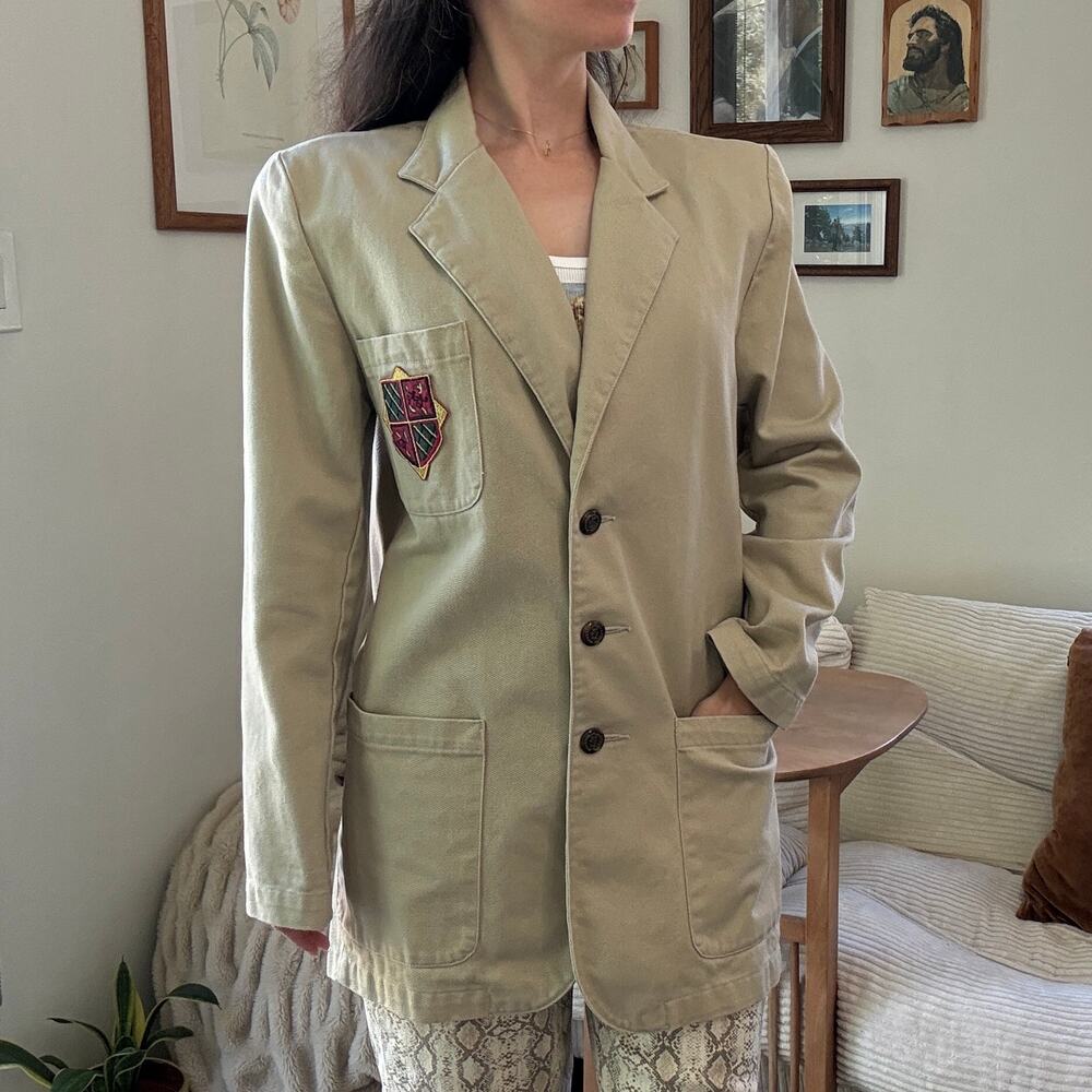 Vintage Beige Dark Academia Embroidered Blazer Crest Patch Jacket Size S